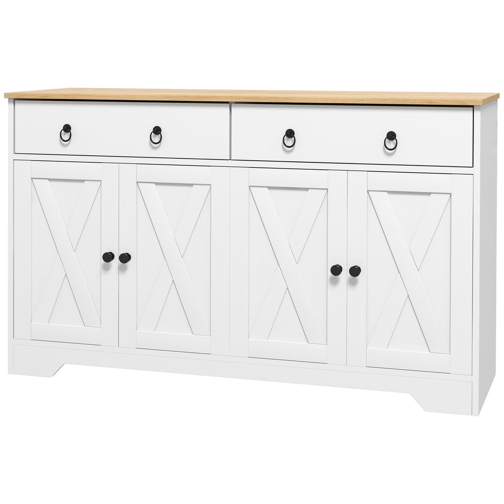 Buffet meuble de rangement armoire de cuisine style rural 2 tiroirs et 2 placards étagères à hauteurs réglables blanc