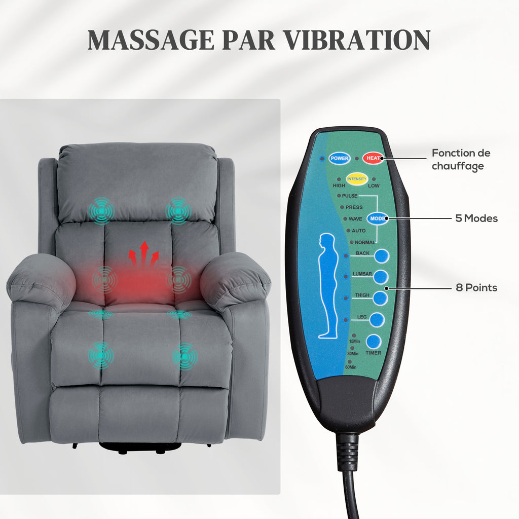Fauteuil releveur électrique avec fonction massage et chaleur inclinaison réglable revêtement synthétique tissu gris