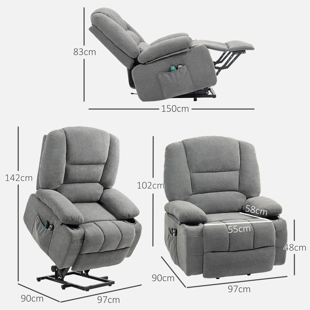 Fauteuil releveur relax électrique, fonction massage et chaleur, inclinaison réglable, repose-pied, télécommandes, gris