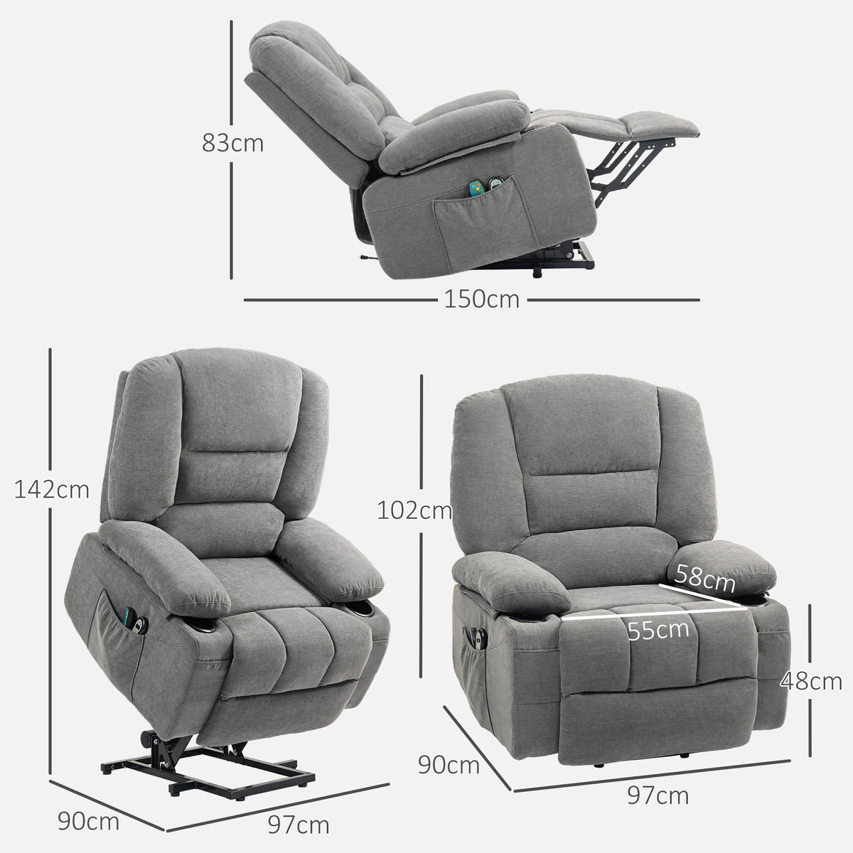 Fauteuil releveur relax électrique, fonction massage et chaleur, inclinaison réglable, repose-pied, télécommandes, gris